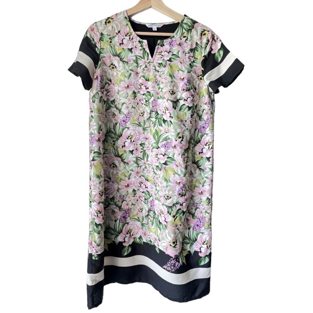 Women's DOWNEAST floral dress border rose print stripe tropical islander size S.